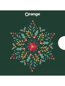 Ваучер за подарък Christmas Bloom има празничен дизайн на мандала с поансетия, листа от кокичета, плодове, златни звезди на тъмнозелен фон, оранжев център и логото на Orange в горната част.