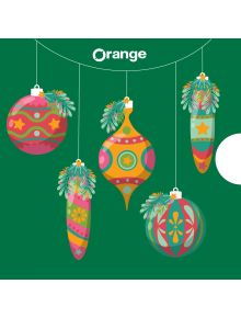 Пет цветни коледни орнамента с борови клонки висят на нишки на зелен фон с логото на Orange. Ваучер за подарък Коледни орнаменти е идеален за вашия онлайн магазин или като очарователен ваучер за подарък.
