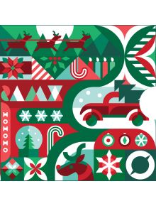 Ваучер за подарък Holiday Mosaic: цветна геометрична илюстрация с коледни елементи - елен, декорирани елхи, снежинки, подаръци, свещи, гирлянди и надпис HOHOHO в червени, зелени и бели тонове.