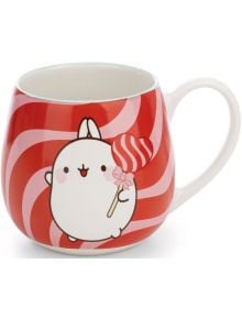 Кръгла порцеланова чаша Nici Molang с червени и розови вихри, с изображение на сладко анимационно зайче, което държи близалка с форма на сърце и панделка - идеален сладък подарък.