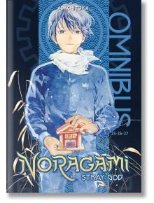 Момче със синя коса, шал и анцуг държи малко червено светилище, обрамчено от златни треви. На корицата е написано Noragami Omnibus, Vol. 9 by Adachitoka, а на заден план има декоративни шарки.