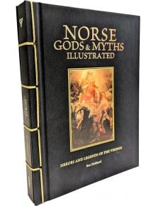 Корицата на Norse Gods and Myths Illustrated показва картина на скандинавските богове със златна рамка на черен текстуриран фон.