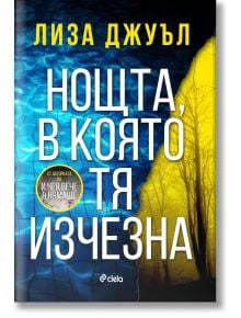 Корицата на книгата на Нощта, в която тя изчезна от Лиза Джуъл, включваща голям бял текст върху фон, разделен между синя вода и сенчеста жълта гора.