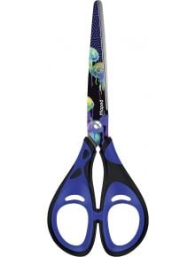 Ножица Maped Deepsea Paradise - 16 см е със сини и черни дръжки с удобна дръжка и неръждаема стомана с острие, украсено с цветни неонови медузи и абстрактни вълнообразни шарки на тъмен фон.