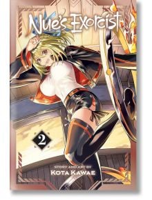 Корицата на Nue's Exorcist, Vol. 2 е с динамичен женски персонаж в аниме стил в драматична поза с пламтящ щит - задължителна за феновете на приключенията с духове и екзорсистки семейства.