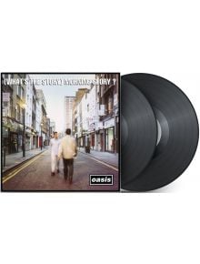 Кавър на Oasis - (What's The Story) Morning Glory? (2 VINYL), на която две размазани фигури се разминават на градска улица с високи сгради, а вдясно се виждат винилови плочи.