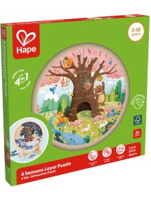 Образователен пъзел Hape - 4 сезона, с поставка е кръгъл дървен пъзел за деца 3-10 г., който показва дърво и животни през сезоните. Пъзелът има 25 части, които светят в тъмното, кутията е зелено-розова.