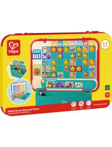 Образователен планер Hape - Ежедневни навици и задачи е цветна магнитна дъска за деца на възраст 3-6 години, която включва дни от седмицата, жетони за награди, лица с настроение, задачи и тюркоазена торбичка в долната част.