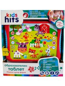 Образователен таблет „Kids Hits: Моята супер ферма“ – цветна играчка на български език с картинки на селскостопански животни и природа за деца на възраст 3+ години, в кутия с текст и икони, които подчертават музикалните и звуковите функции.