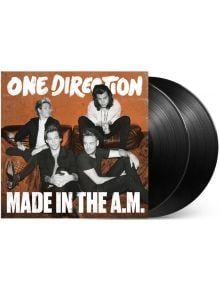 На обложката на албума One Direction - Made in the A.M. (2 VINYL) са изобразени четирима членове на групата на кафяв диван с оранжев и бял текст отгоре и отдолу; вдясно се виждат частично две винилови плочи.