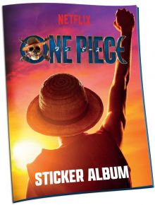 Корицата на One Piece албум + стикери изобразява герой със сламена шапка, вдигнал юмрук на фона на небето по залез, с логото на One Piece, яркия текст "Sticker Album" и цветните One Piece стикери, показани отдолу.