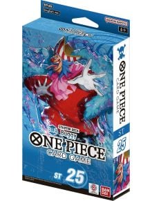 Кутия на "Карти за игра One Piece: ST-25", на която клоунът Баги е в динамична поза на син и червен фон. Върху опаковката ясно се виждат обозначенията на марката, възрастовата категория и подробностите за OP-11 буустър пакет.