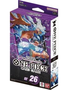 Кутия с лилава тематика за Карти за игра One Piece: Luffy ST-26, с динамичен рисунък на Luffy, брандиране на играта, възраст 6+, лога на Bandai Namco и перфектно съчетание с бустер пакета OP-11.
