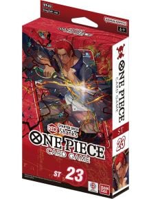 Кутията на Карти за игра One Piece: Starter Deck Red Shanks ST-27 с впечатляваща илюстрация на Шанкс със сабя, опаковката е в червено и бяло, надпис RED, номер 23 и лого Bandai Namco.