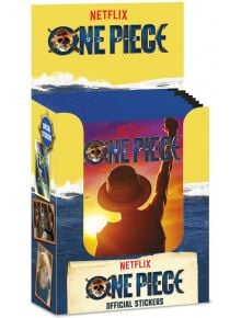 Кутията за One Piece стикери, 5 бр., съдържа логото на сериала, герой, вдигнал юмрук при залез слънце, и странични изображения на други герои от One Piece колекция.