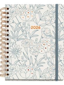 Тефтер-органайзер Miquelrius Arno Dufour Bouquet 2026 с флорален дизайн в синьо и оранжево, спирален, с ластик отдясно. Ден на страница - идеален бележник на органайзер.