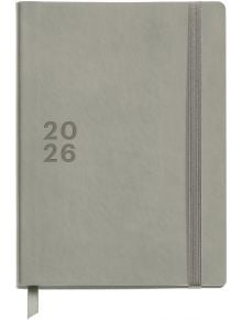 Седмичен тефтер - органайзер Miquelrius Back To Basics Gris 2026 има сиви кожени корици, ластик, книгоразделител с панделка и щампована 2026 отпред. Този елегантен бележник е част от колекцията Back To Basics Gris.