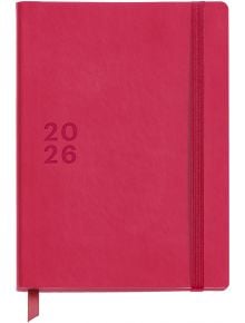 Затворен пурпурен Miquelrius Back To Basics Седмичен тефтер - органайзер 2026 с вертикален ластик отдясно и заставка с панделка, която наднича отдолу.