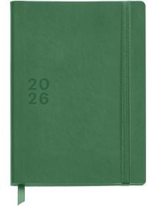 Тефтерът - органайзер Miquelrius Back To Basics Verde 2026, ден на страница, е зелен планер с твърди корици, с релефно изображение на 2026 г., затваряне с ластик и книгоразделител с панделка.