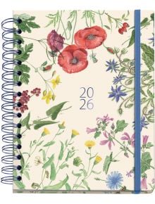 Тефтерът - органайзер Miquelrius Entredos Jardín 2026, ден на страница, е спираловиден планер с кремава корица с цветни флорални мотиви и синя ластична лента - идеален за годишно планиране.
