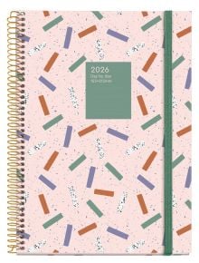 Тефтер-органайзер Miquelrius Grafica Confeti 2026, ден на страница-розов, със спирала, цветни форми, зелен ластик и етикет с година и размери; идеален като бележник органайзер.