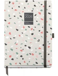 Тефтерът - органайзер Miquelrius Grafica Terrazo Plus 2026, ден на страница има пастелна корица в стил терацо, сива ластична лента, книгоразделител с лента, размер 185 x 213 mm и хартия с тегло 80 g/m² за годишно планиране.