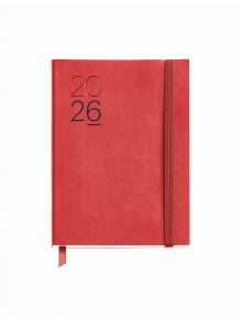 Седмичен тефтер-органайзер Miquelrius Luxor & Ágora Rojo 2026 с кожени корици, червен цвят, ластик за затваряне и отметка, заснет отпред на бял фон.