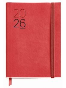 Тефтерът - органайзер Miquelrius Luxor & Ágora Rojo 2026, ден на страница, има червена корица с кожени корици за първокласно усещане, затваряне с ластик отдясно и надпис "2026" в смел черен цвят в горния ляв ъгъл.