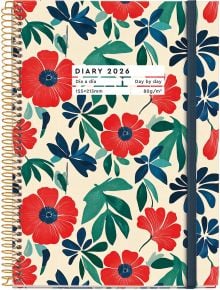 Тефтер-органайзер Miquelrius Natura Anémona 2026, ден на страница, спирален, с флорален дизайн в червено, зелено и синьо. Етикет: Día a día, Ден след ден. Размер: 155x213 мм, 80 г/м².