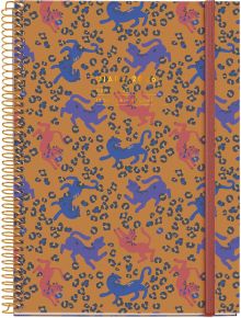 Свързан в спирала Miquelrius Natura Leopard Slim 2026 тефтер-органайзер, ден на страница, с кафява корица, цветни илюстрации и еластична лента отдясно.