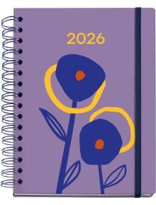 Седмичният тефтер-органайзер Miquelrius Marf Organic Dualidad Floral 2026 е с лилава корица, спирала и ластик, и показва два абстрактни сини цвята с оранжеви сърцевини и жълти акценти.