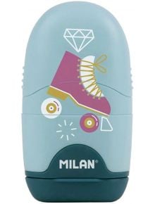 Светлосиня ролка Острилкогума Milan Capsule Roller в пастелни цветове, с розова ролкова кънка, бял диамант над нея и жълта дантела на кънката.
