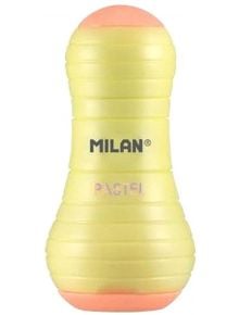 На бял фон е показан жълт Острилкогума Milan Sway с форма на пясъчен часовник, с набраздени страни и розови краища.