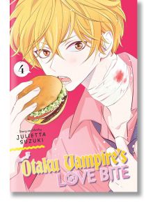 Илюстрация в аниме стил на русо момче с превързан врат, което държи хамбургер на розов фон от Otaku Vampire's Love Bite, Vol. 4 - идеална за феновете на уникални вампирски анимета и отаку стоки.