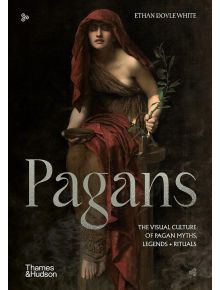 Корица на книгата "Pagans: Визуалната култура на езическите митове, легенди и ритуали" е изобразена жена в класическа роба с червен воал, която държи клонка с листа, седнала върху камък, отразяващ богатството на езическата култура.