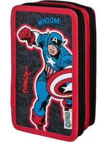 Пълен ученически несесер Scooli Avengers с три отделения, модел 2026 г., със цип и цветна илюстрация на Тор и Капитан Америка в екшън пози с комикс надписи като WHOOM! и ТХВАК! на черен фон.