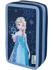 Пълен ученически несесер Scooli Frozen с три отделения, модел 2026 - син с цип, декориран с Елза от Замръзналото кралство и снежинки, светлосин кант и лого Scoo! в долния десен ъгъл.