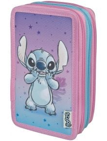 Пълен ученически несесер Scooli Lilo & Stitch с три отделения, модел 2026 - виолетов, със Стич и звезди, розов и син цип, брандиран с логото Scoozi; идеален за всички ваши училищни материали.