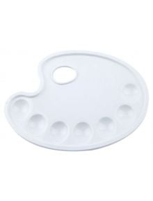 Бялата пластмасова палитра за рисуване Ark със седем отделения е с отвор за палец и е идеална за смесване и съхранение на различни цветове бои.