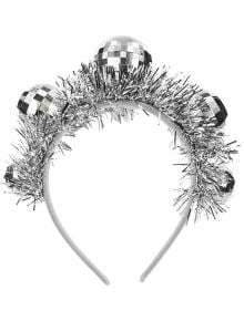 Блестяща лента за глава от PartyDeco със сребрист ластик и четири мини диско топки, вдъхновена от диадема с диско топки - идеална за добавяне на празнично настроение към вашата новогодишна визия.