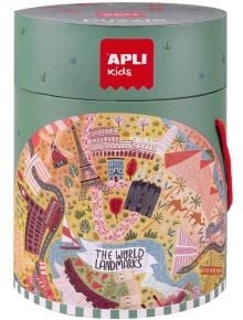 Кръгъл пъзел Apli Kids - Световни архитектурни забележителности, 48 части, с цветни илюстрации на забележителности като Айфеловата кула и животни-идеален избор за деца.