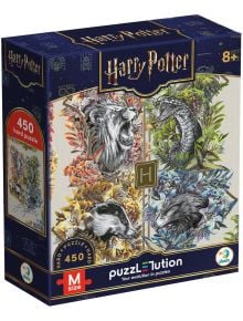 Пъзел Dodo Хари Потър: Факултетите на Хогуортс, 450 части с илюстрации на четирите Хогуортс дома-лъв, змия, язовец и гарван-заобиколени от цветна растителност. Подходящ за деца над 8 години.