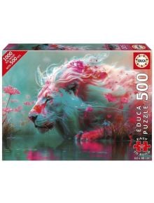 Пъзел Educa: Кралят на цветята, 500 части - артистичен пъзел с бял лъв сред розови цветя, ярки цветни пръски, вода и зеленина на фона.