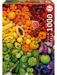 Пъзел Educa: Витамини, 1000 части - цветен пъзел с плодове и зеленчуци в дъгов градиент. Идеален избор за феновете на свежи и ярки композиции.