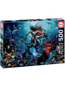 Пъзел Educa: Атлантида, 500 части представя подводна сцена с русалка, тритон и цветни морски обитатели сред древни руини.