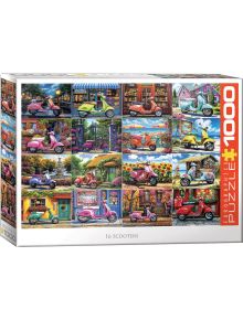 Пъзел Eurographics - 16 скутера, 1000 части: ретро скутери в цветни сцени-градини, слънчогледови полета, къщи и градски улици-подредени в чаровна 4x4 решетка.