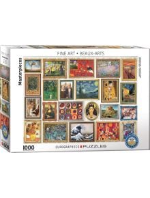 Пъзелът "Арт колаж" от 1000 части на Eurographics представя класически произведения в рамки като Мона Лиза, Звездна нощ и Голямата вълна от колекцията "Изящно изкуство", озаглавена "Шедьоври на изобразителното изкуство - изящни изкуства".