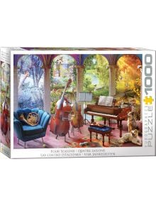 Пъзел Eurographics - Четири сезона, 1000 части показва уютна стая с музикални инструменти, меки столове и кучета. През арковите прозорци се виждат пролет, лято, есен и зима в красив фон.