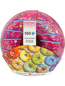 Пъзел Eurographics - Дъга от понички, 550 части, идва в кутия тип Donut Rainbow Tin с цветни илюстрации на поръсени понички и голяма розова поничка с глазура върху капака.