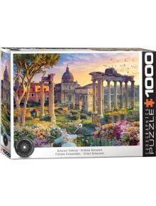 Каса за Пъзел Eurographics - Форумът в Рим, 1000 части, показващ ярък залез над Римския форум с древни руини, цветя и скутер. Заглавието се показва на няколко езика.